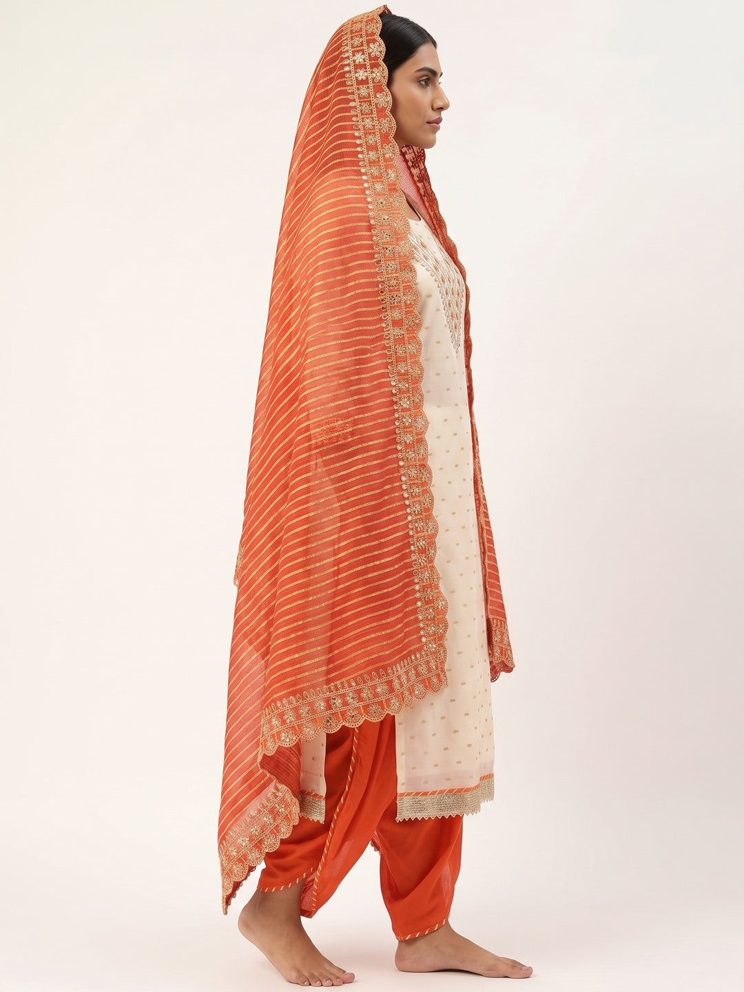 Off White & Orange Embroidered Chanderi Dress Material - Image 3