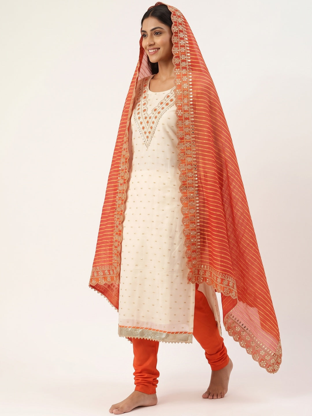 Off White & Orange Embroidered Chanderi Dress Material - Image 4