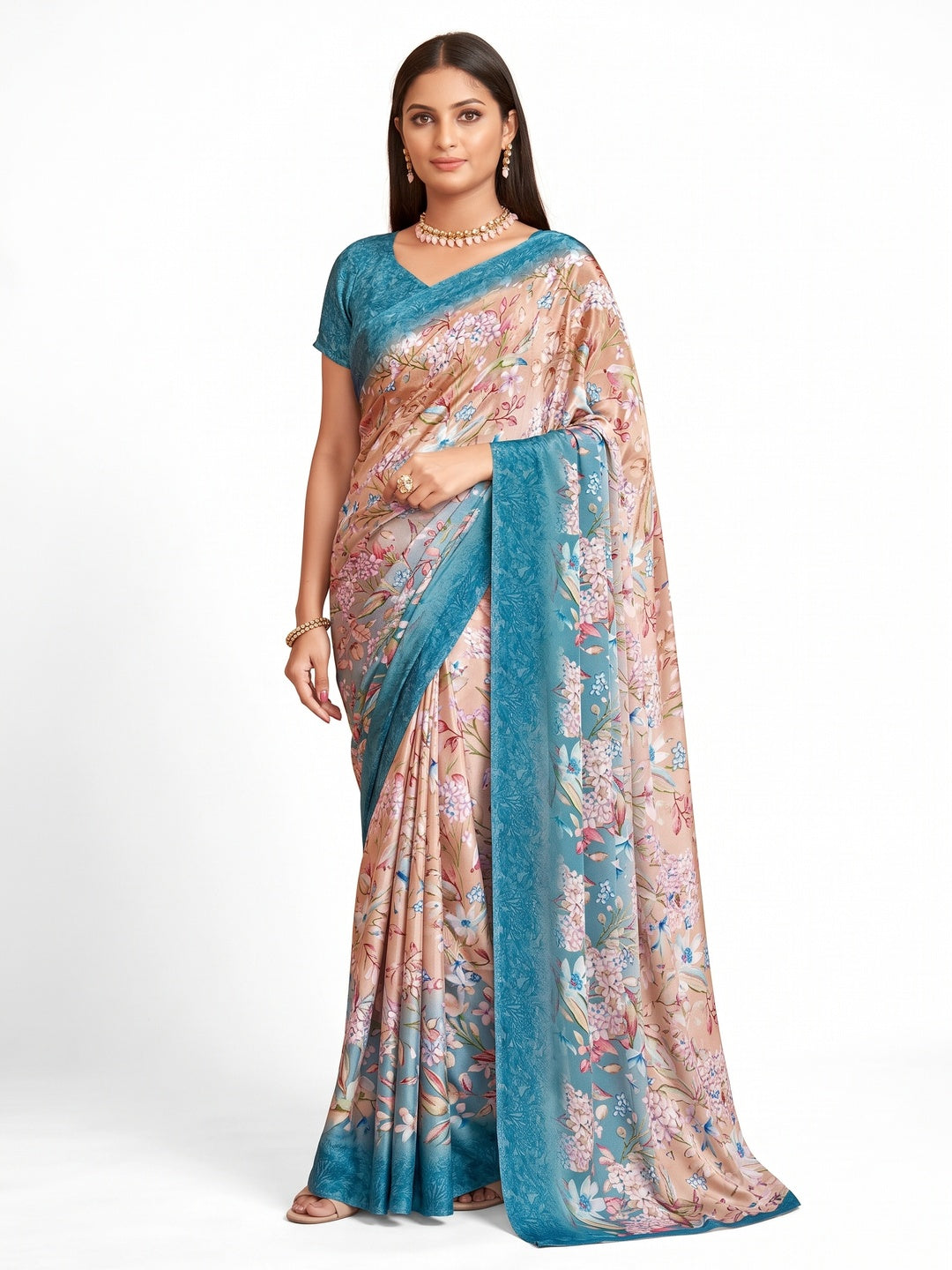 Blue Floral Printed Crepe Silk Saree - Image 1