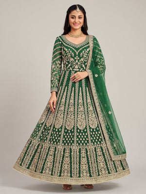 Green Partywear Embroidered Net Anarkali Suit - Image 1