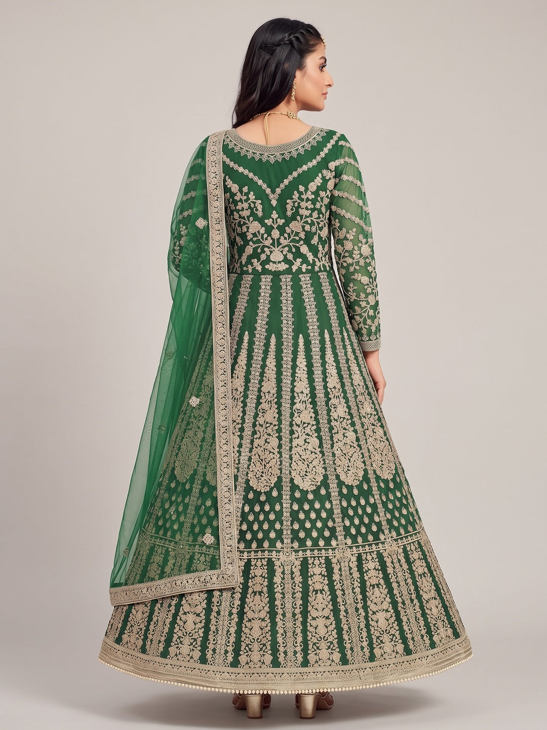 Green Partywear Embroidered Net Anarkali Suit - Image 2