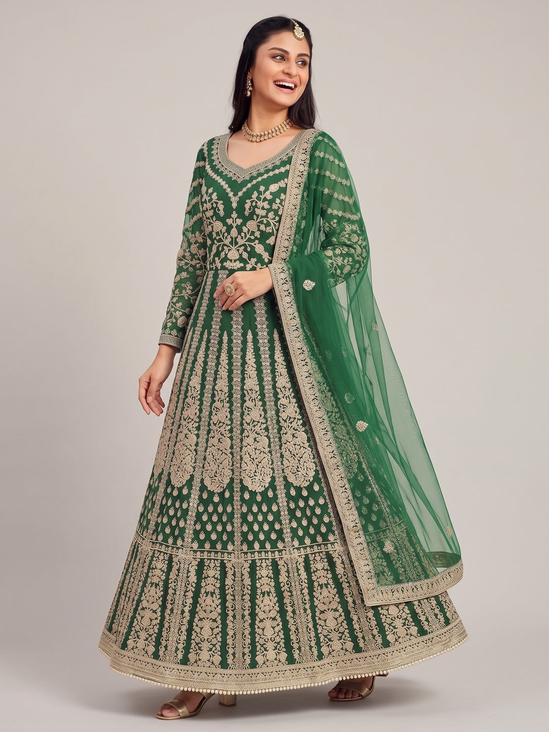 Green Partywear Embroidered Net Anarkali Suit - Image 4