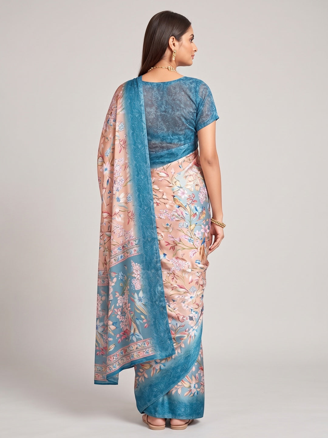 Blue Floral Printed Crepe Silk Saree - Image 2