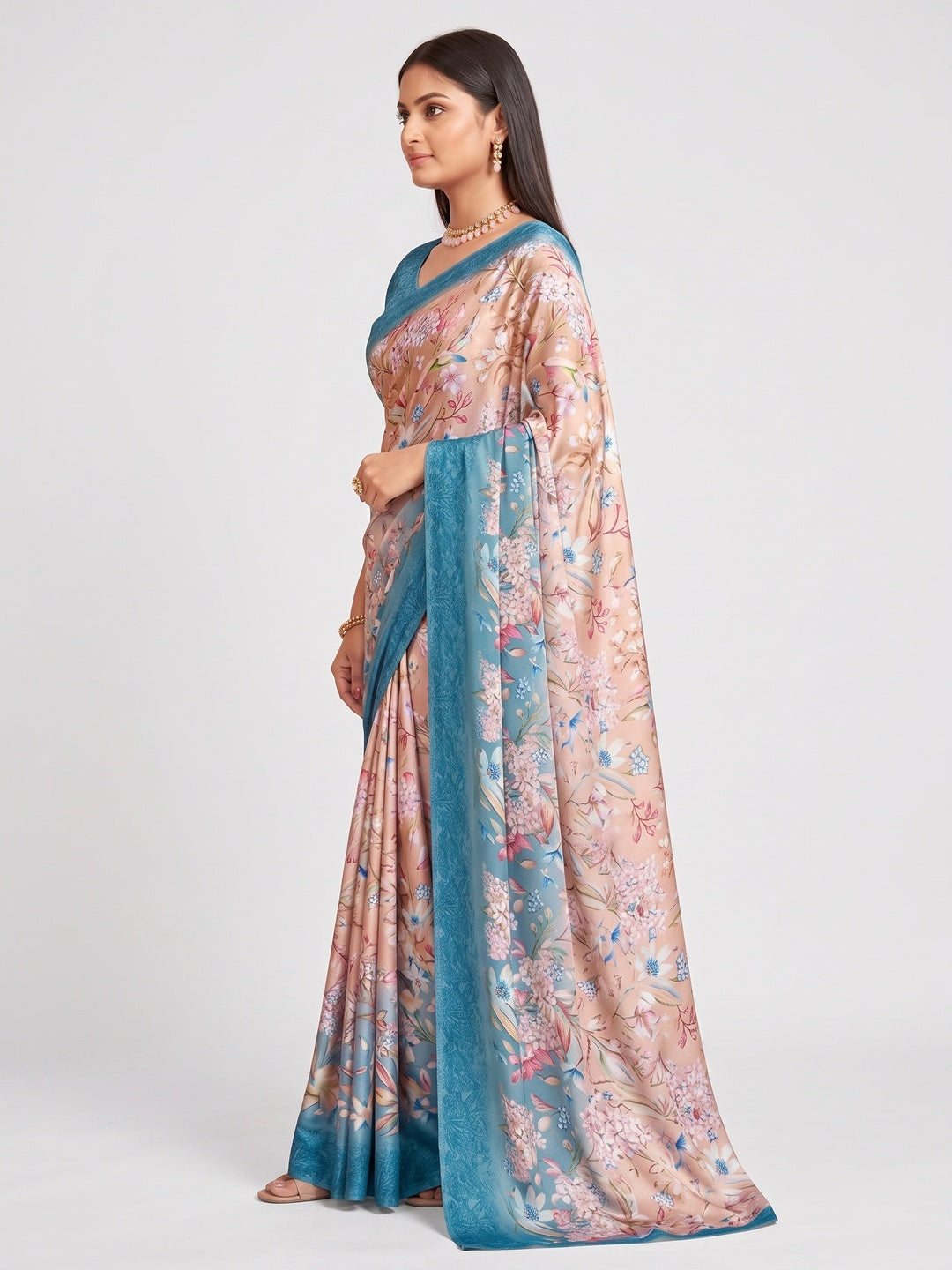 Blue Floral Printed Crepe Silk Saree - Image 3