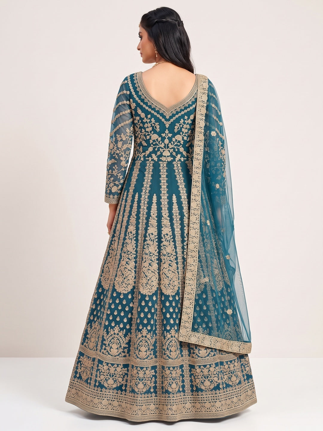 Aqua Blue Partywear Embroidered Net Anarkali Suit - Image 2