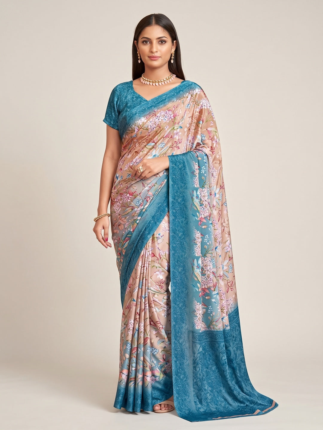 Blue Floral Printed Crepe Silk Saree - Image 4