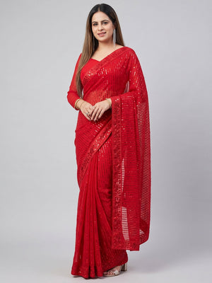 Red Sequins Embroidered Georgette Saree - Image 5