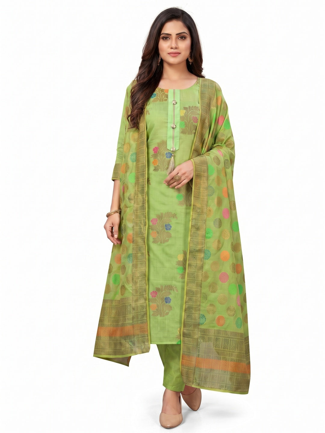 Elegant Green Colored Festive Wear Woven Heavy Banarasi Silk Dress Material - Image 4