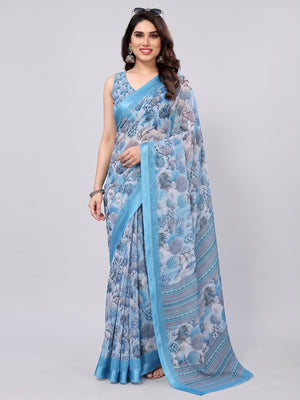 Blue Floral Printed Chiffon Saree - Image 1