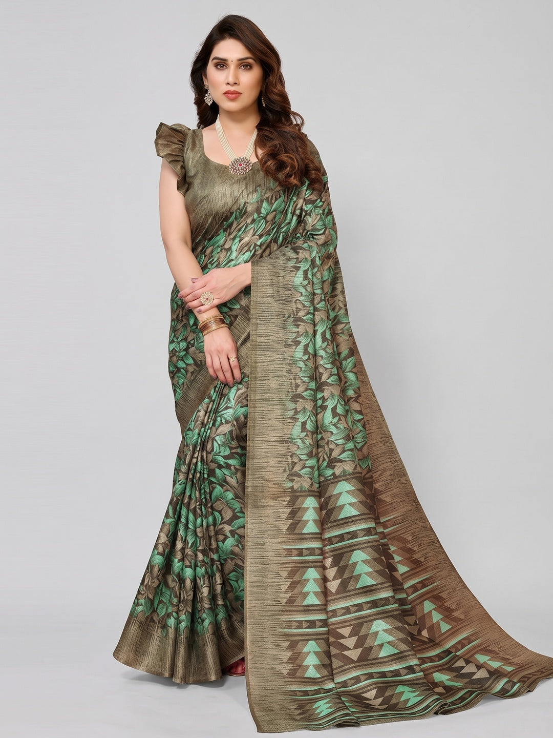 Brown Floral Printed Khaadi Saree - Image 1
