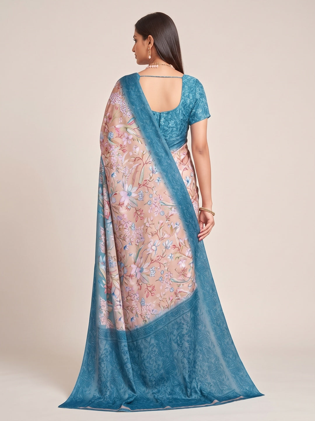 Blue Floral Printed Crepe Silk Saree - Image 5