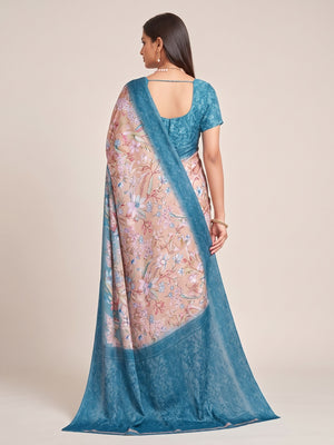 Blue Floral Printed Crepe Silk Saree - Image 5