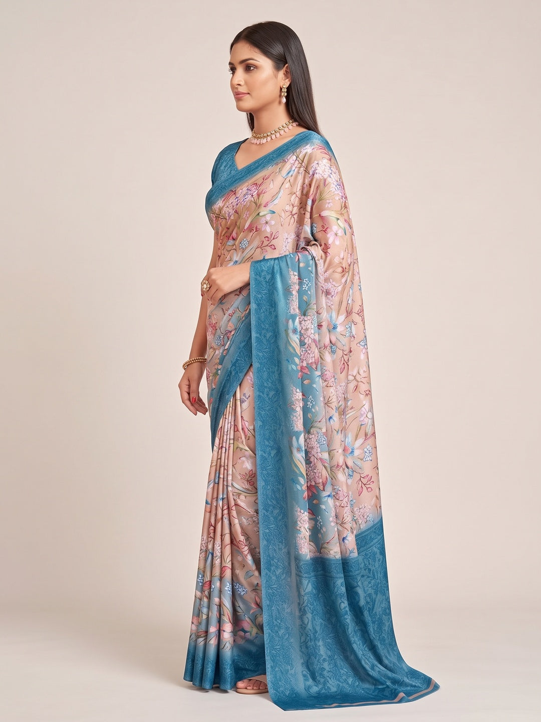 Blue Floral Printed Crepe Silk Saree - Image 6
