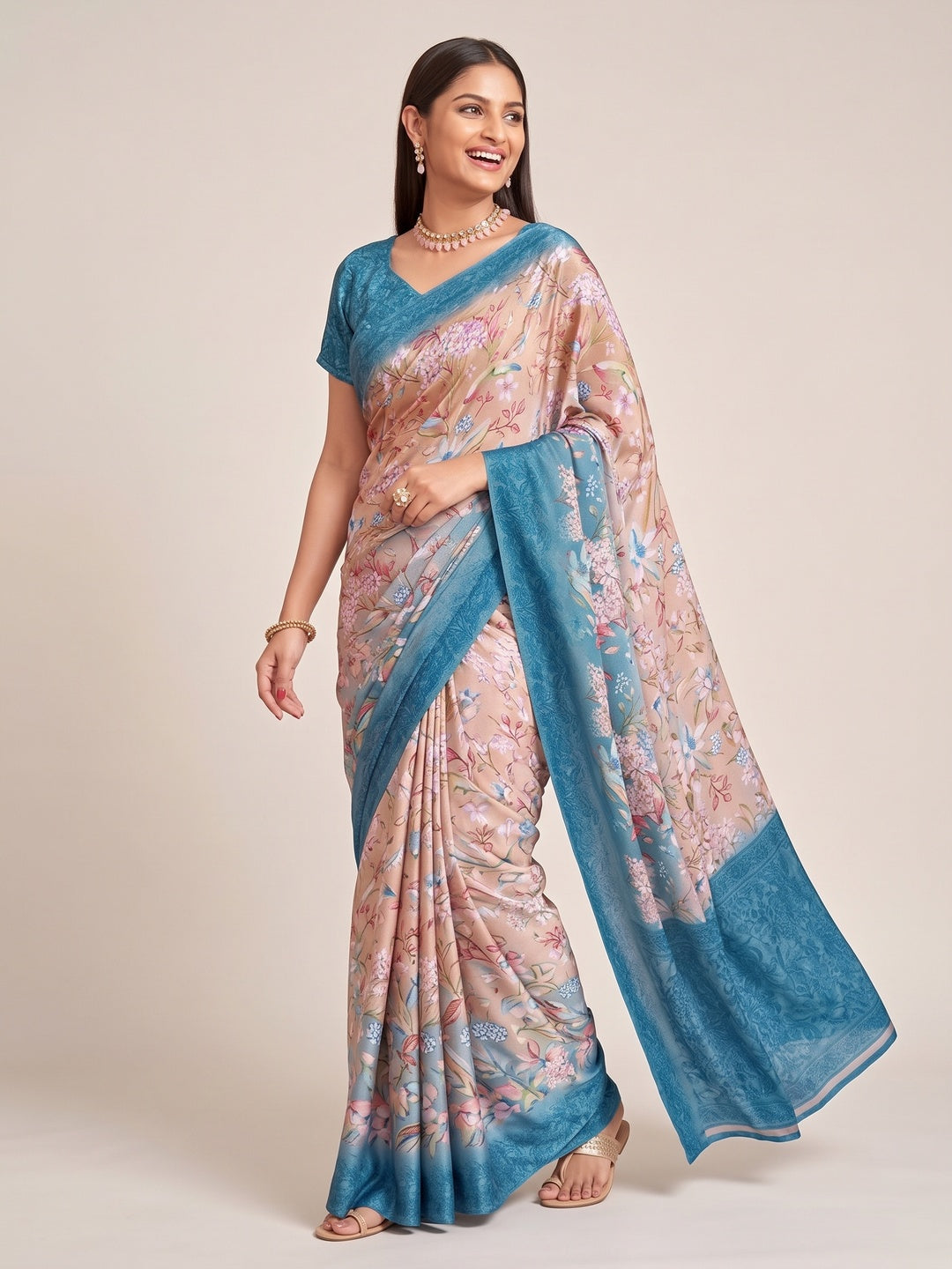 Blue Floral Printed Crepe Silk Saree - Image 7