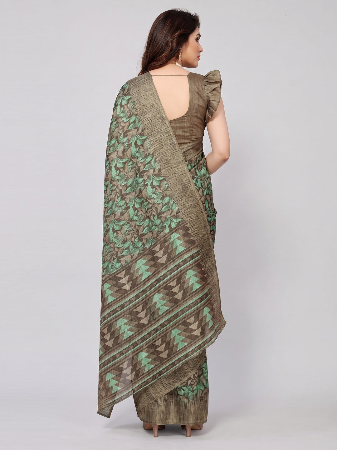 Brown Floral Printed Khaadi Saree - Image 2