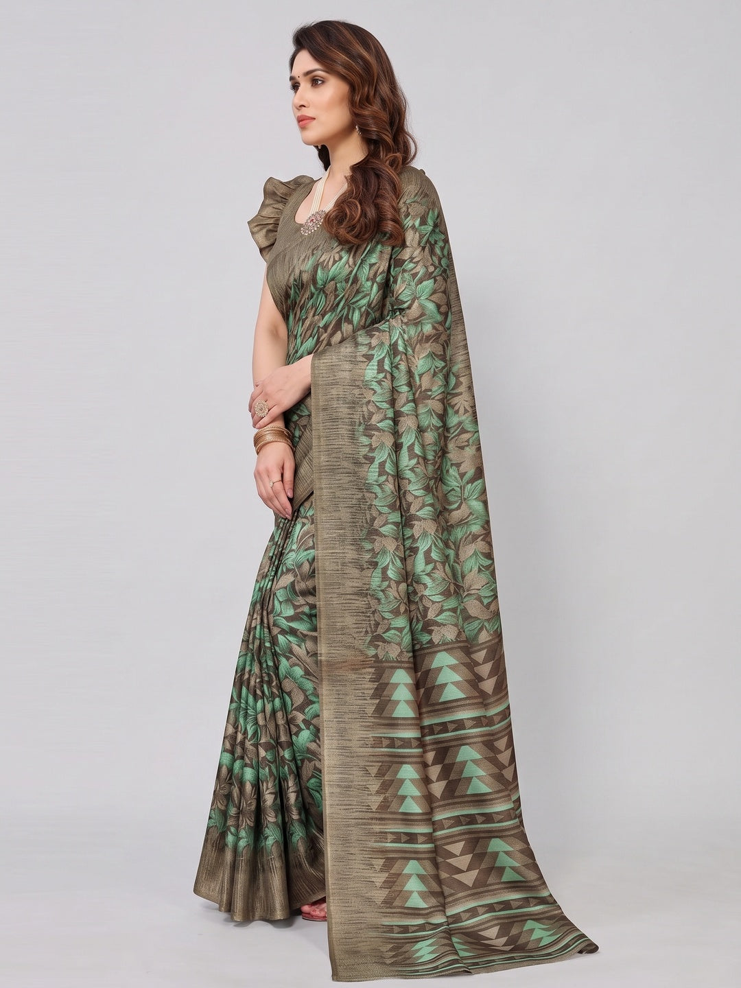 Brown Floral Printed Khaadi Saree - Image 3