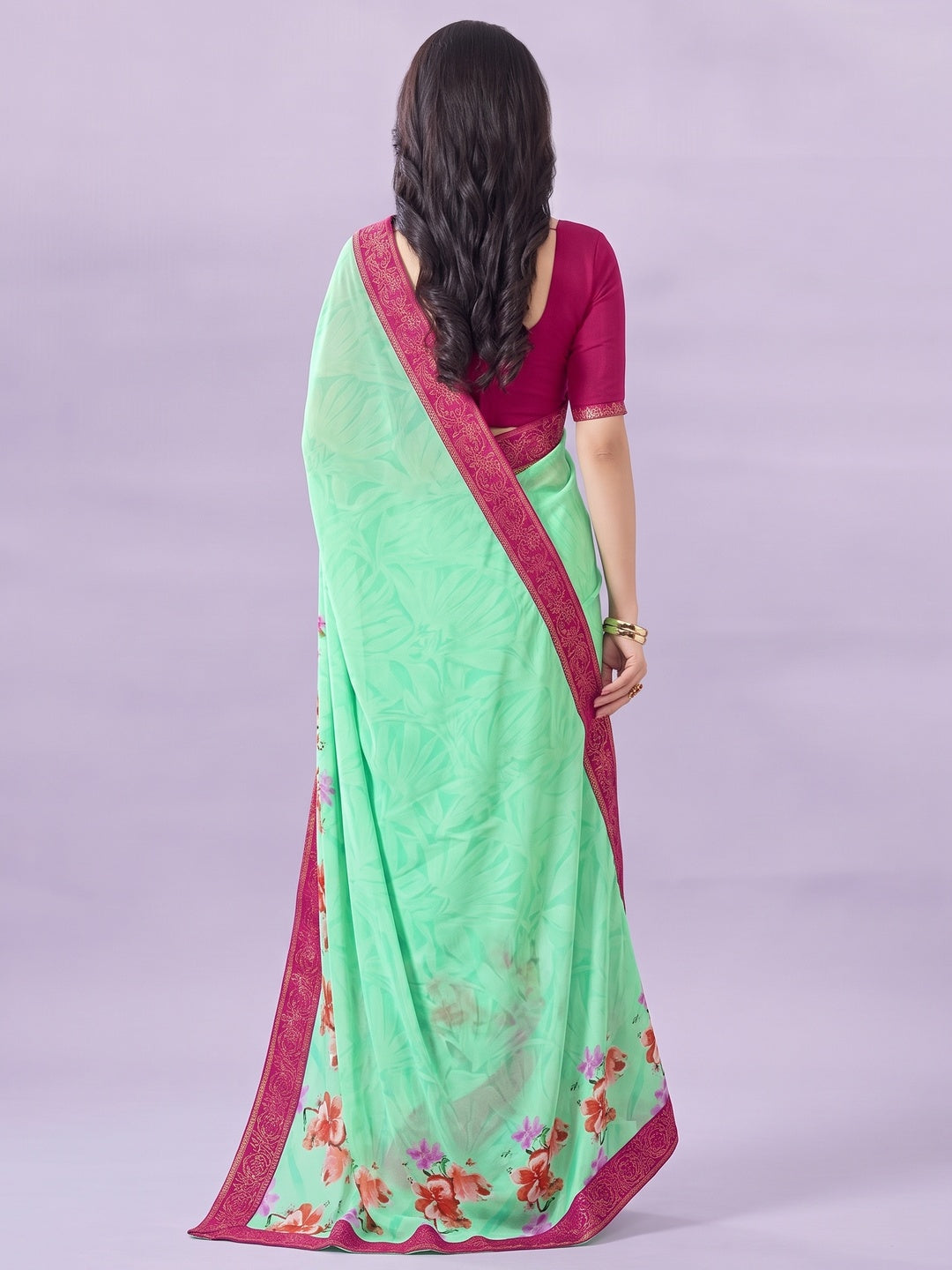 Sea Green Floral Printed Georgette Saree - Image 2