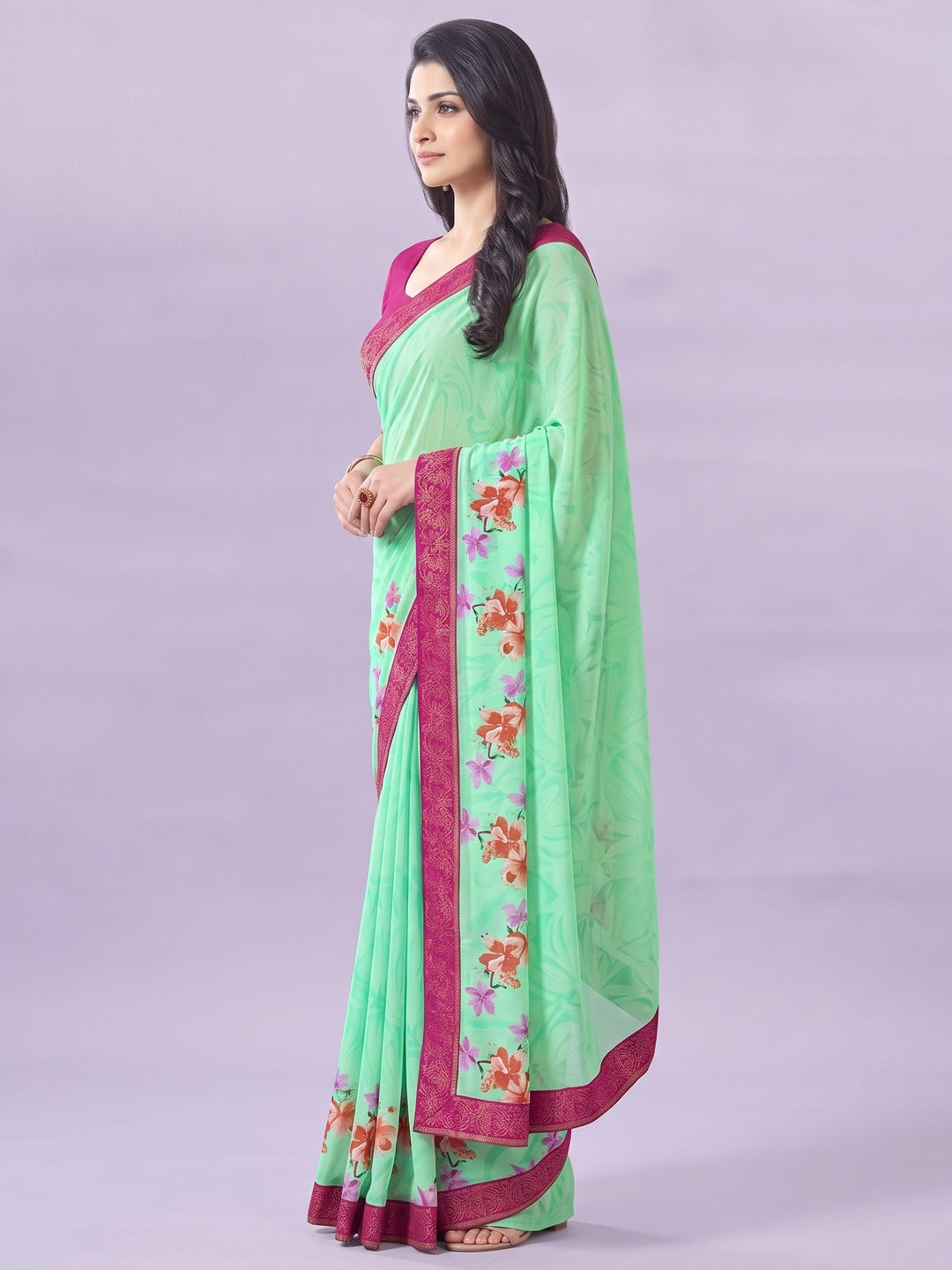 Sea Green Floral Printed Georgette Saree - Image 3