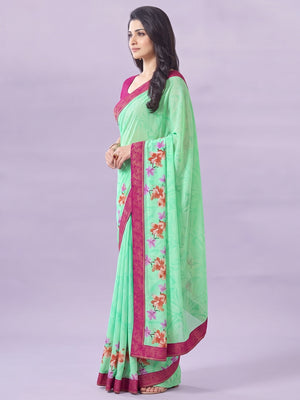 Sea Green Floral Printed Georgette Saree - Image 3