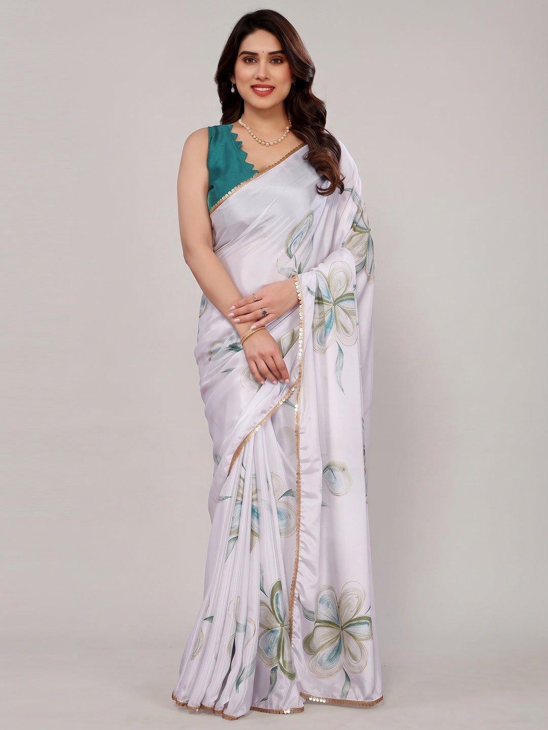 White & Green Floral Printed Chiffon Saree - Image 1