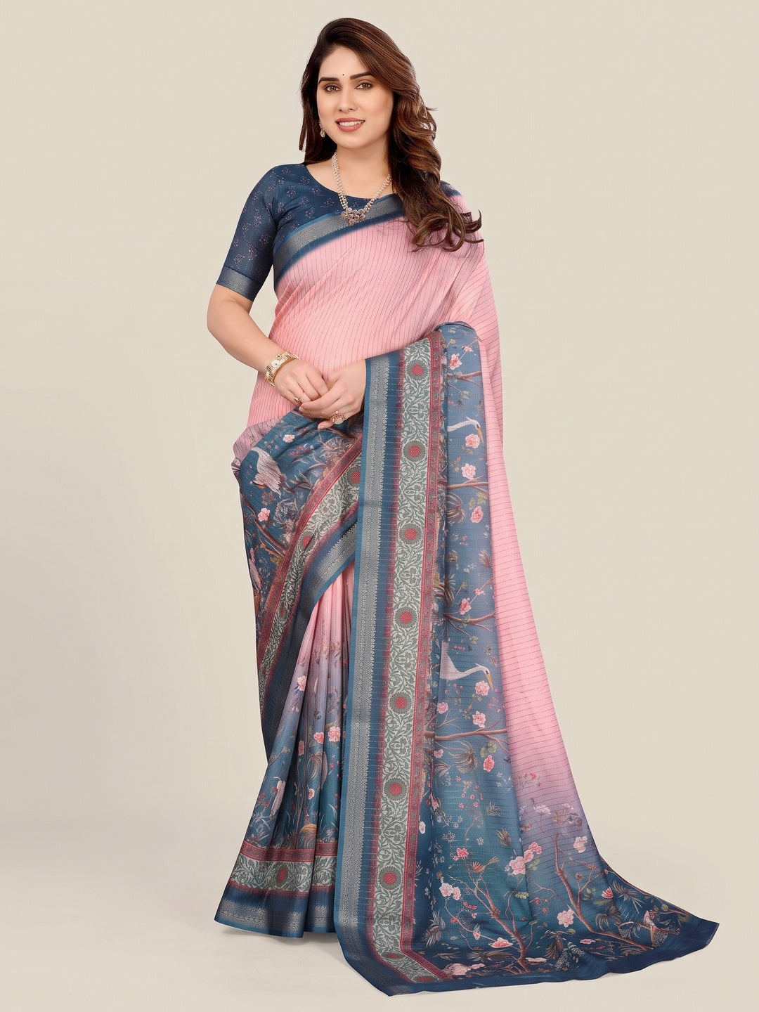 Pink Zari Woven Saree with Floral Motifs in Cotton Blend Fabric - Image 1