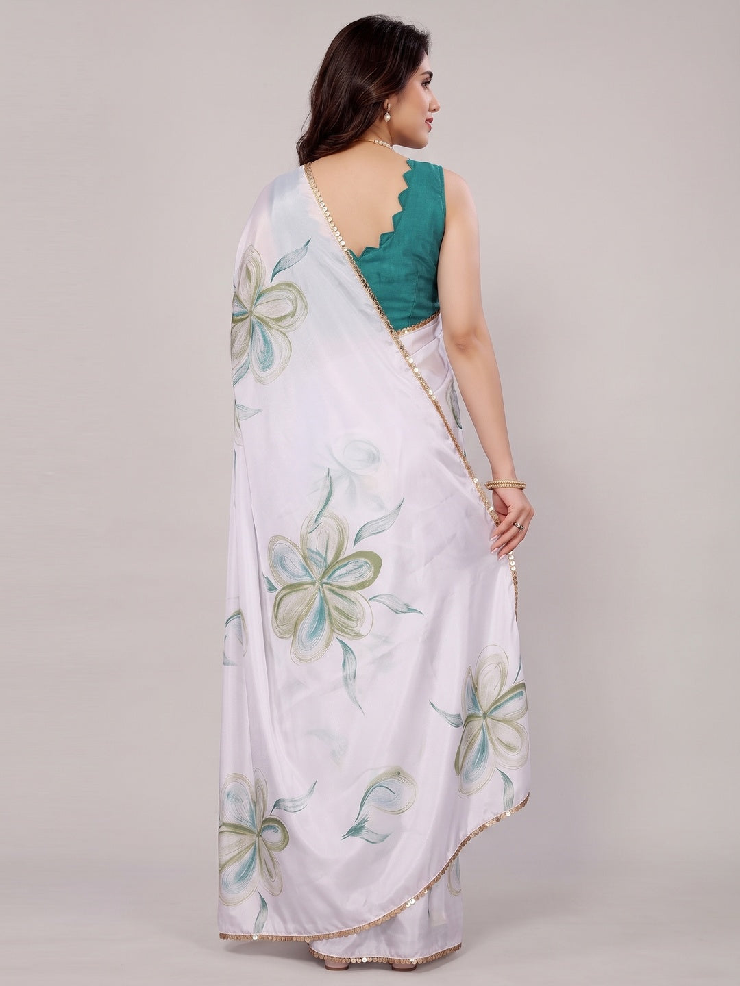 White & Green Floral Printed Chiffon Saree - Image 2