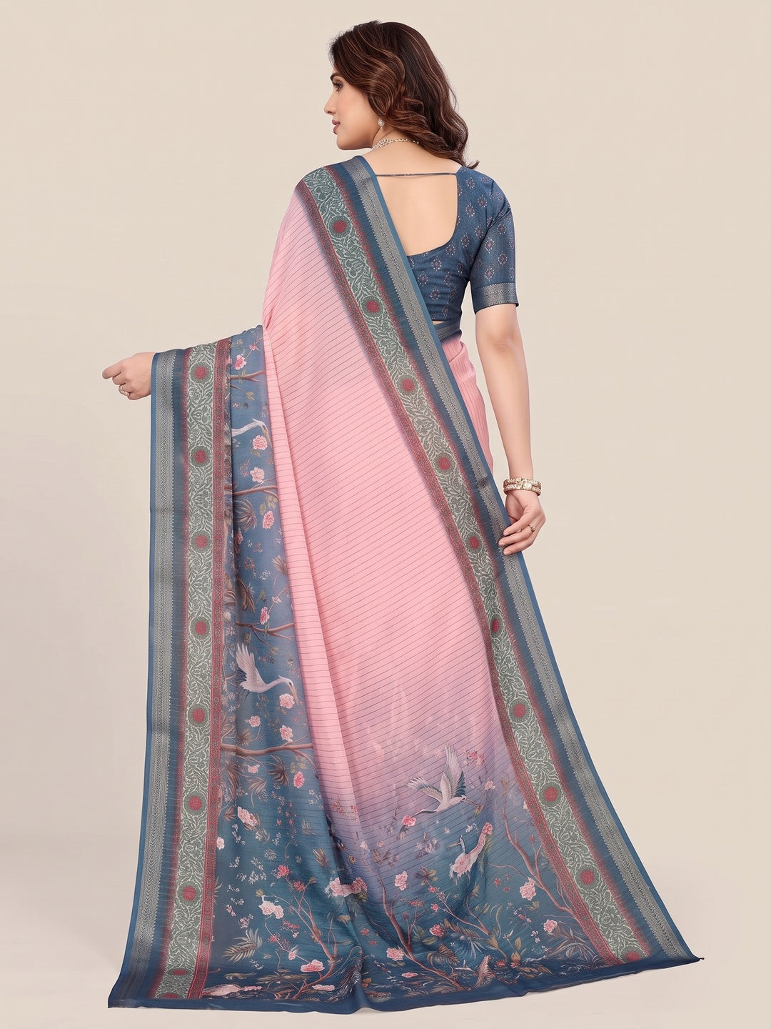Pink Zari Woven Saree with Floral Motifs in Cotton Blend Fabric - Image 2