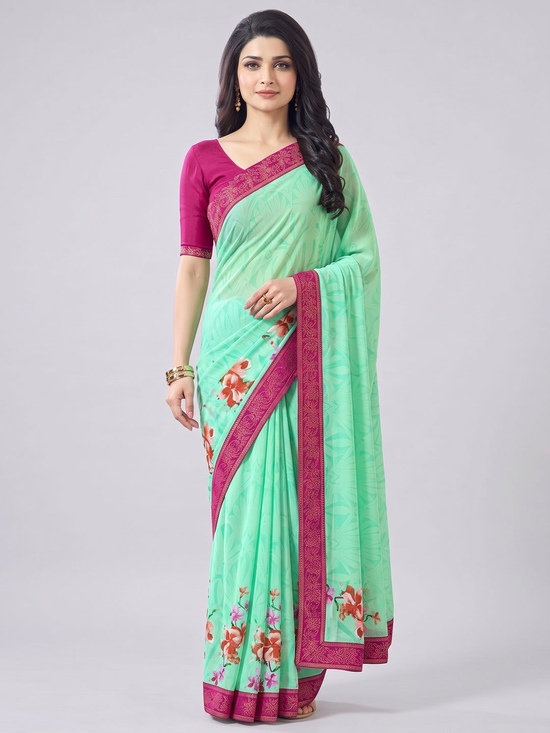 Sea Green Floral Printed Georgette Saree - Image 1