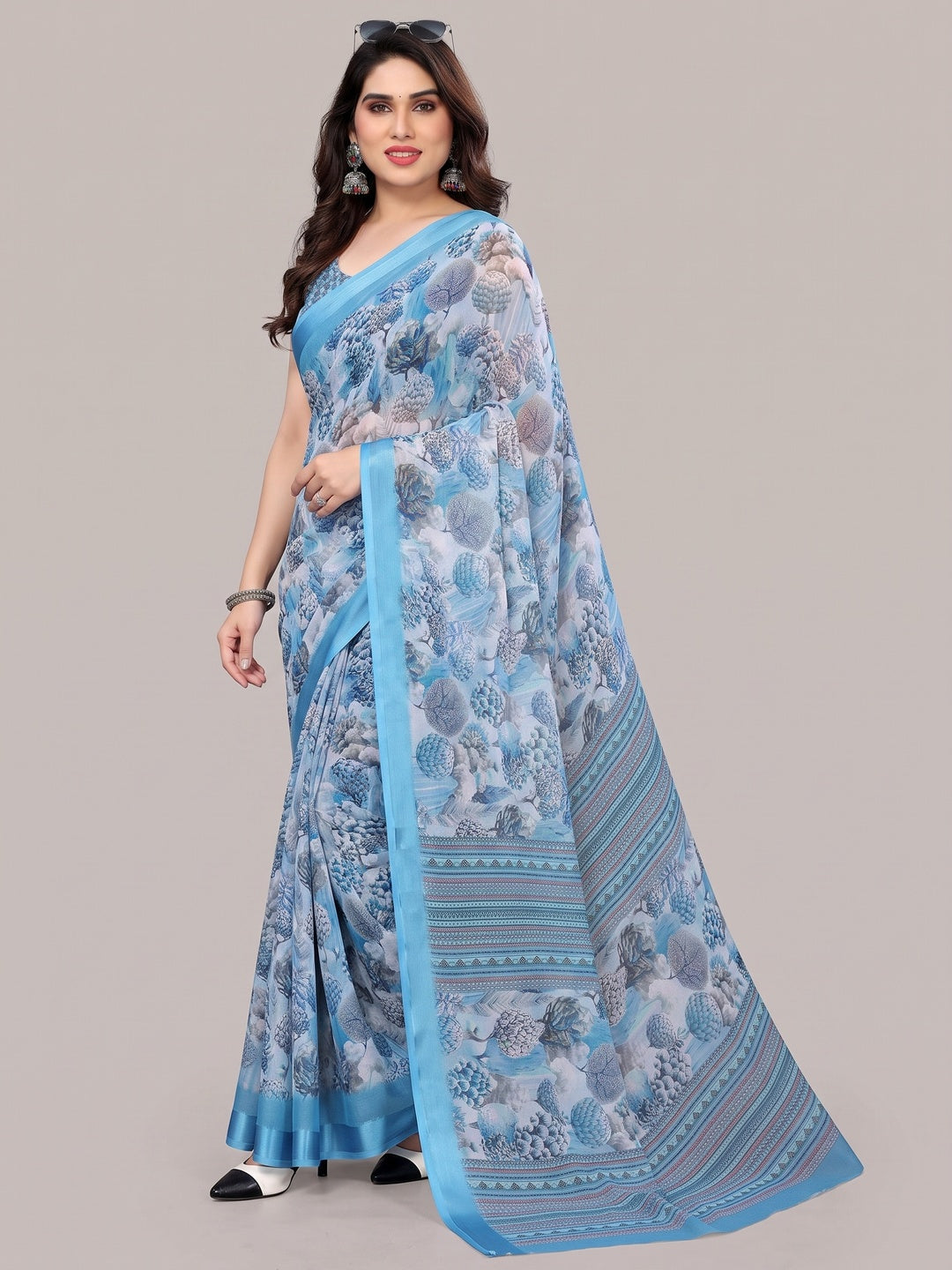 Blue Floral Printed Chiffon Saree - Image 1
