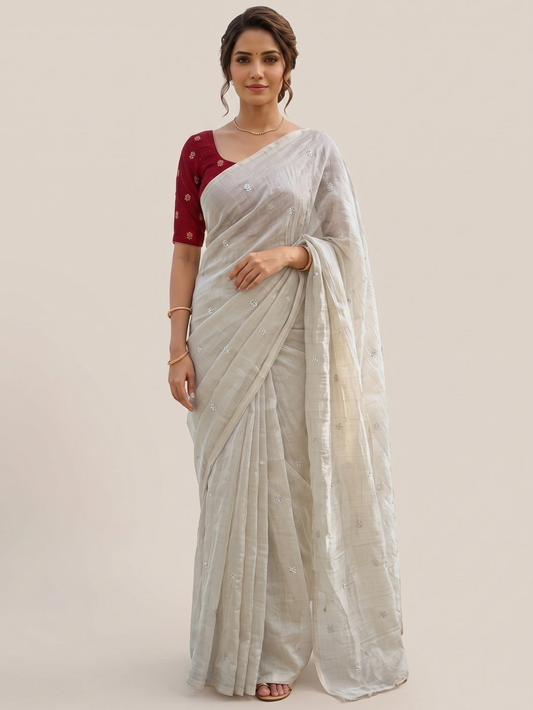 Elegant Cream Organza Satin Silk Saree Featuring Floral Butti Sequins Embroidery & Tassel Pallu - Image 6