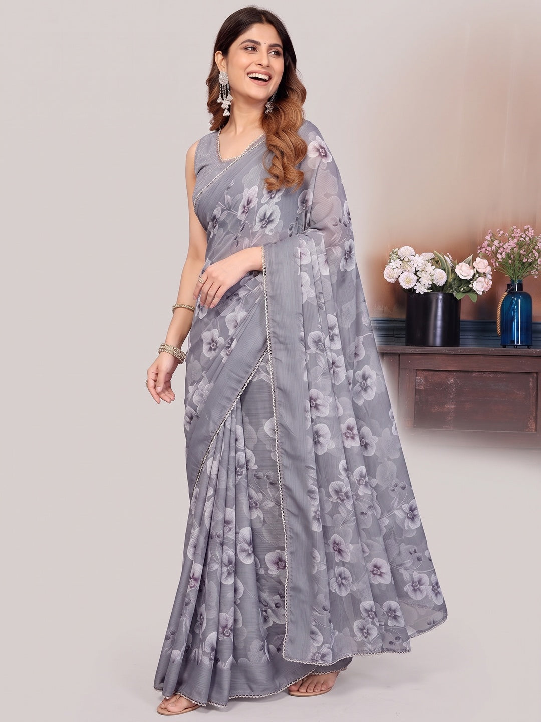 Elegant Gery Floral Printed Georgette Saree Enhanced With Delicate Lace Border Work - Image 9
