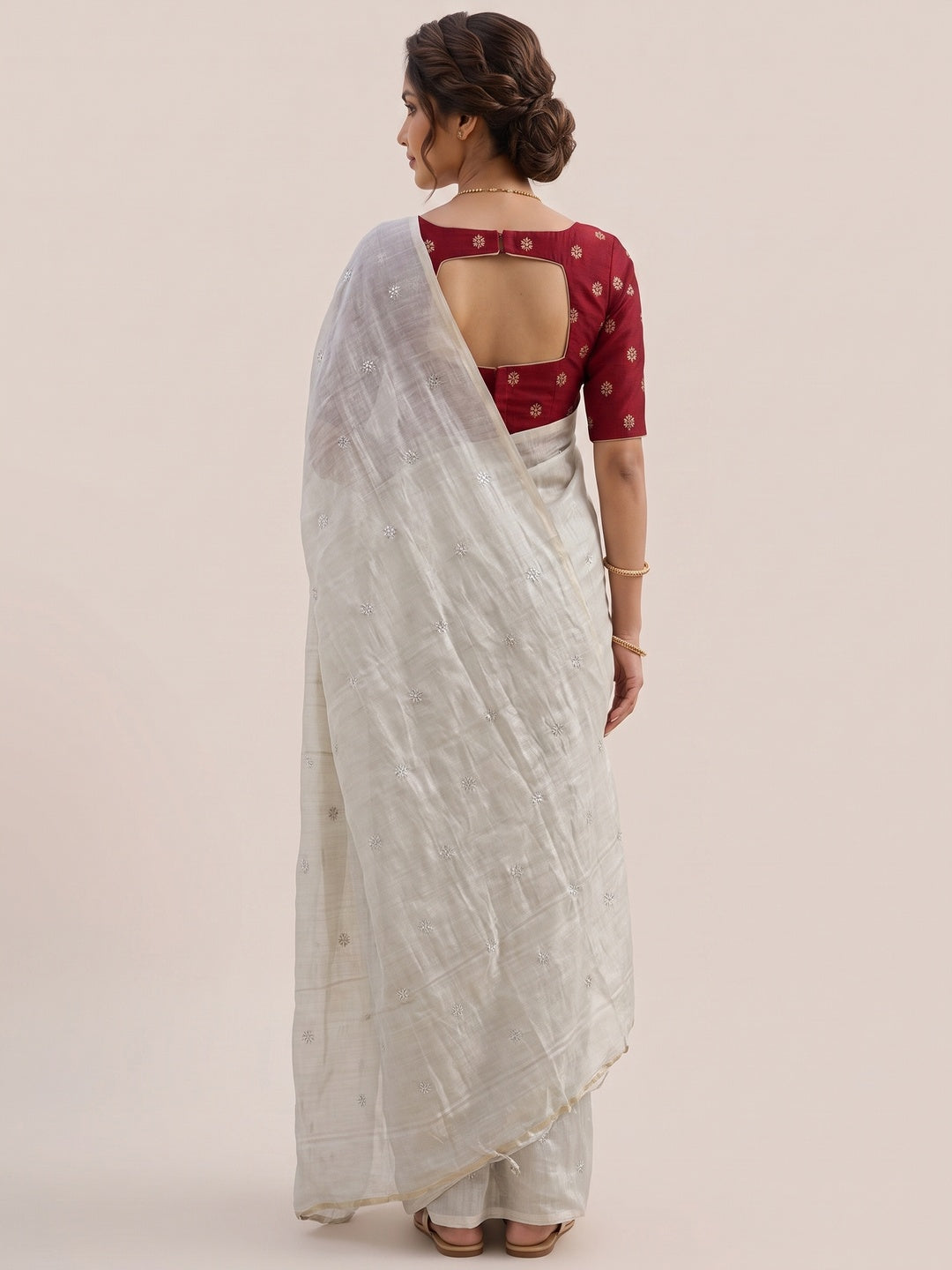 Elegant Cream Organza Satin Silk Saree Featuring Floral Butti Sequins Embroidery & Tassel Pallu - Image 7