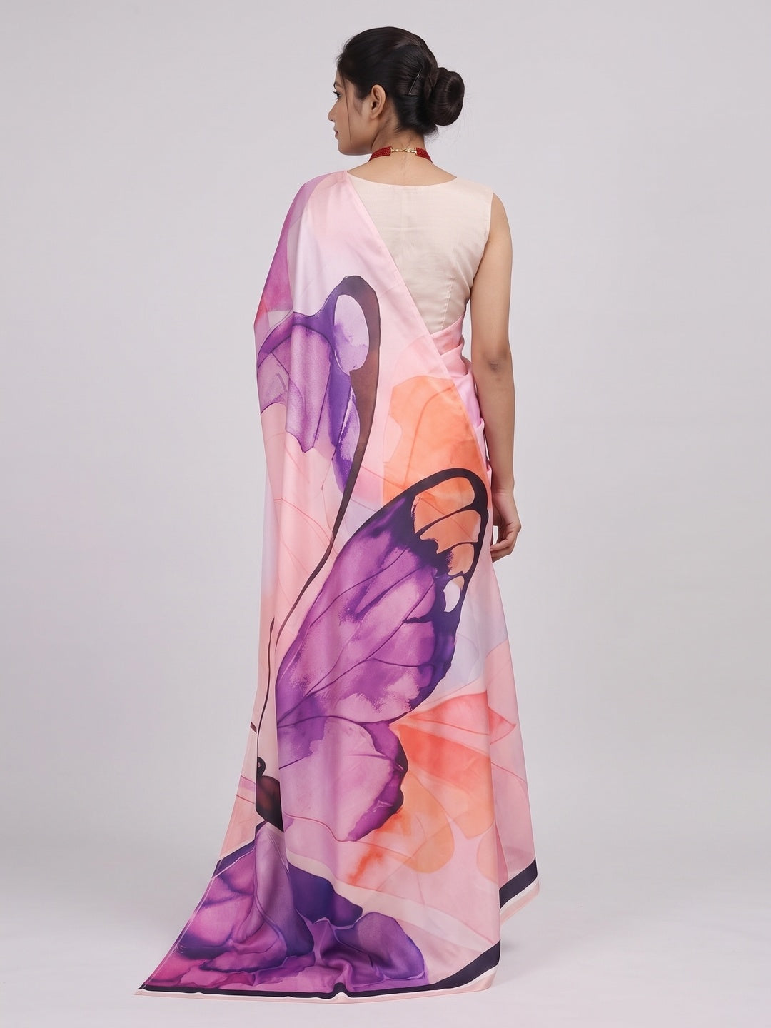 Graceful Peach & Purple Butterfly Digital Print Chinon Saree With Artistic Work Detailing - Image 2