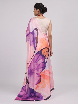 Graceful Peach & Purple Butterfly Digital Print Chinon Saree With Artistic Work Detailing - Image 2