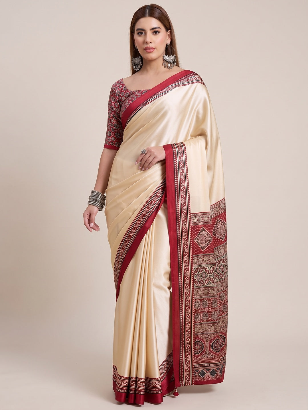 Cream & Red Modal Satin Saree Featuring a Solid Base and Artisanal Ajrakh Pallu - Image 1