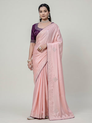Pink Chinon Saree Adorned With Scattered Buttas & Intricate Beads & Zarkan Handwork - Image 1