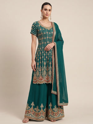 Rama Green Sequins Embroidered Georgette Semi Stitched Sharara Suit - Image 1