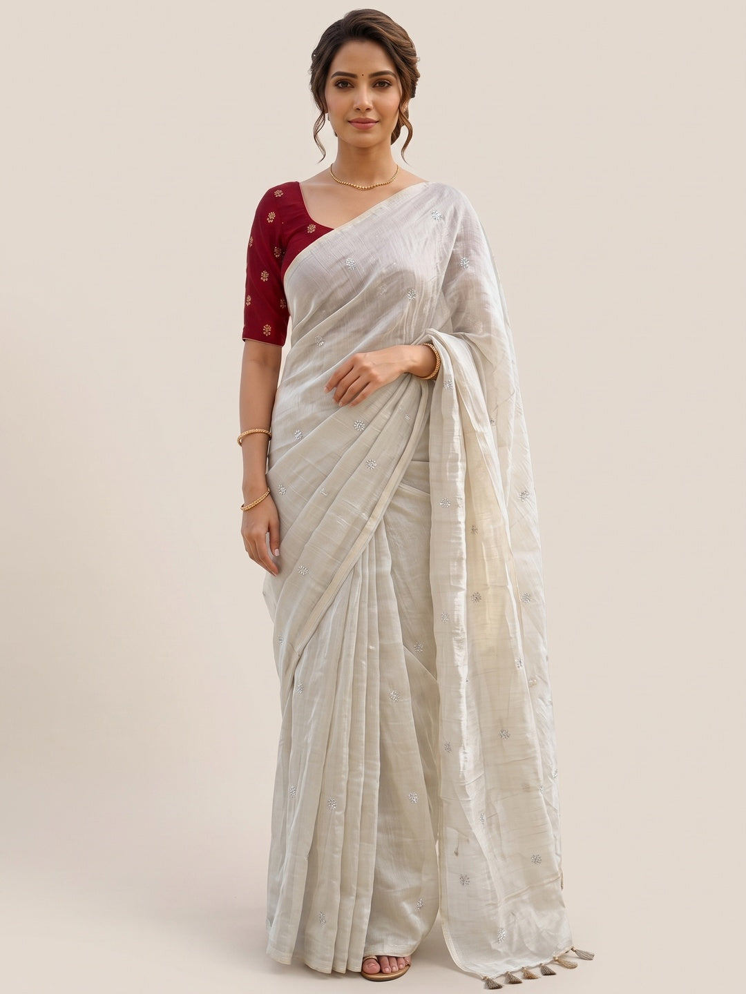 Elegant Cream Organza Satin Silk Saree Featuring Floral Butti Sequins Embroidery & Tassel Pallu - Image 8