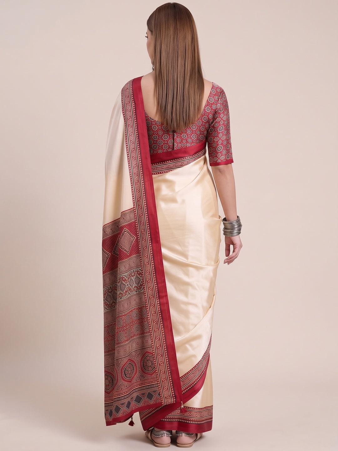 Cream & Red Modal Satin Saree Featuring a Solid Base and Artisanal Ajrakh Pallu - Image 2