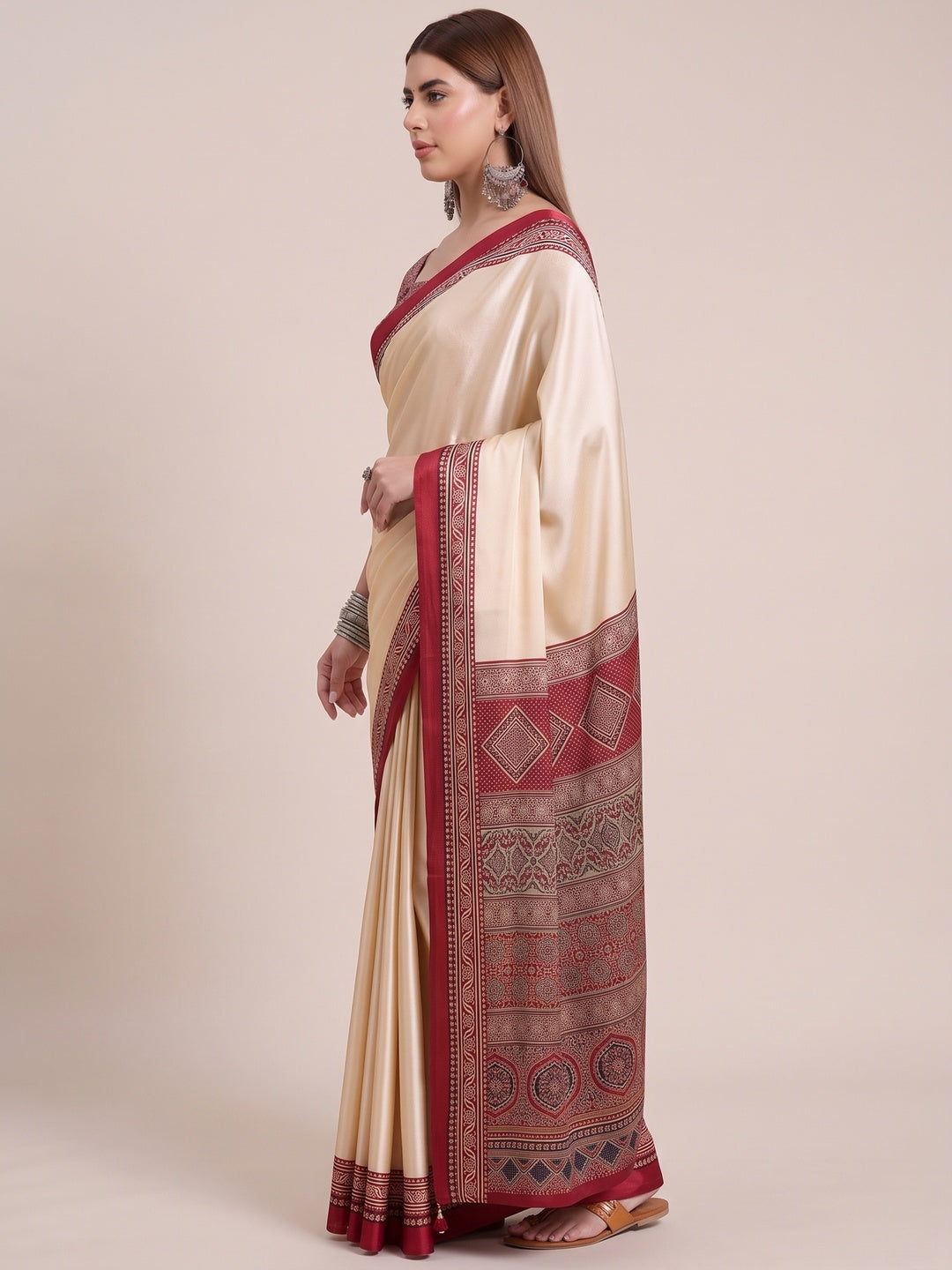 Cream & Red Modal Satin Saree Featuring a Solid Base and Artisanal Ajrakh Pallu - Image 3