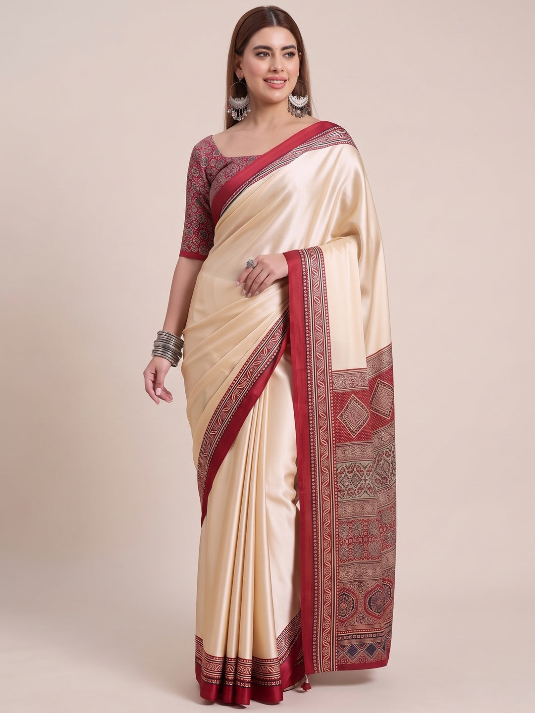 Cream & Red Modal Satin Saree Featuring a Solid Base and Artisanal Ajrakh Pallu - Image 4