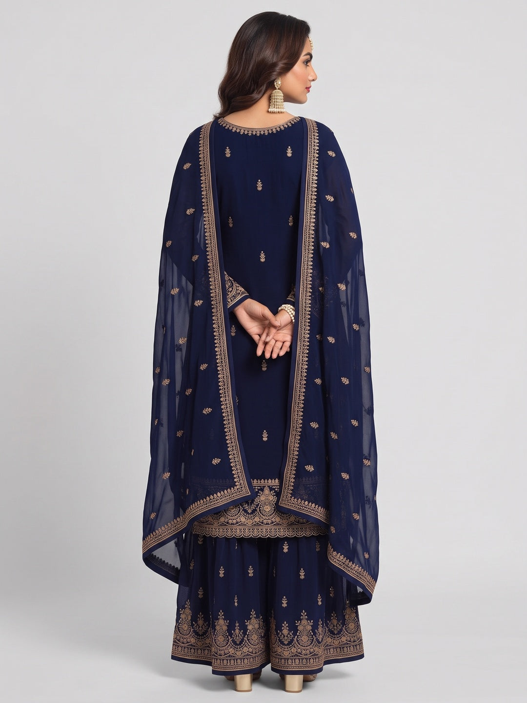 Navy Blue Floral Sequins Embroidered Georgette Semi Stitched Dress Material - Image 2