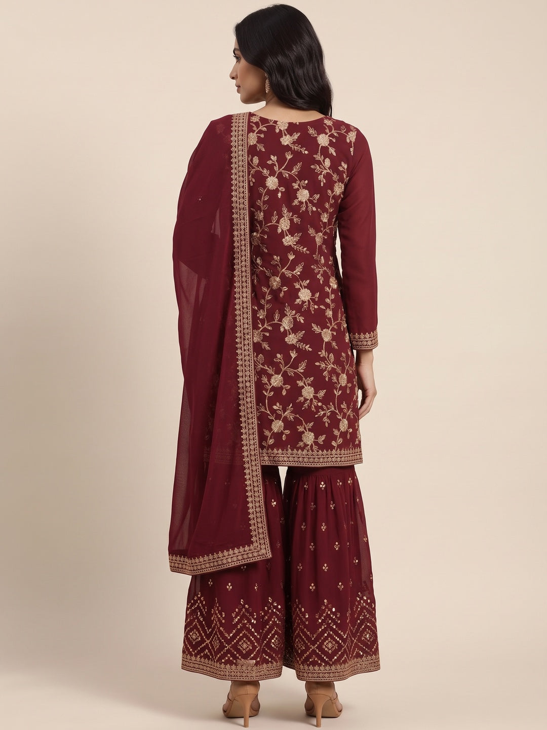 Maroon Floral Embroidered Georgette Semi Stitched Suit - Image 2