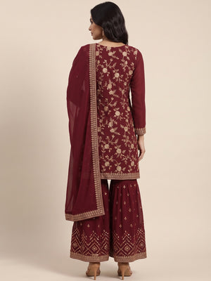 Maroon Floral Embroidered Georgette Semi Stitched Suit - Image 2