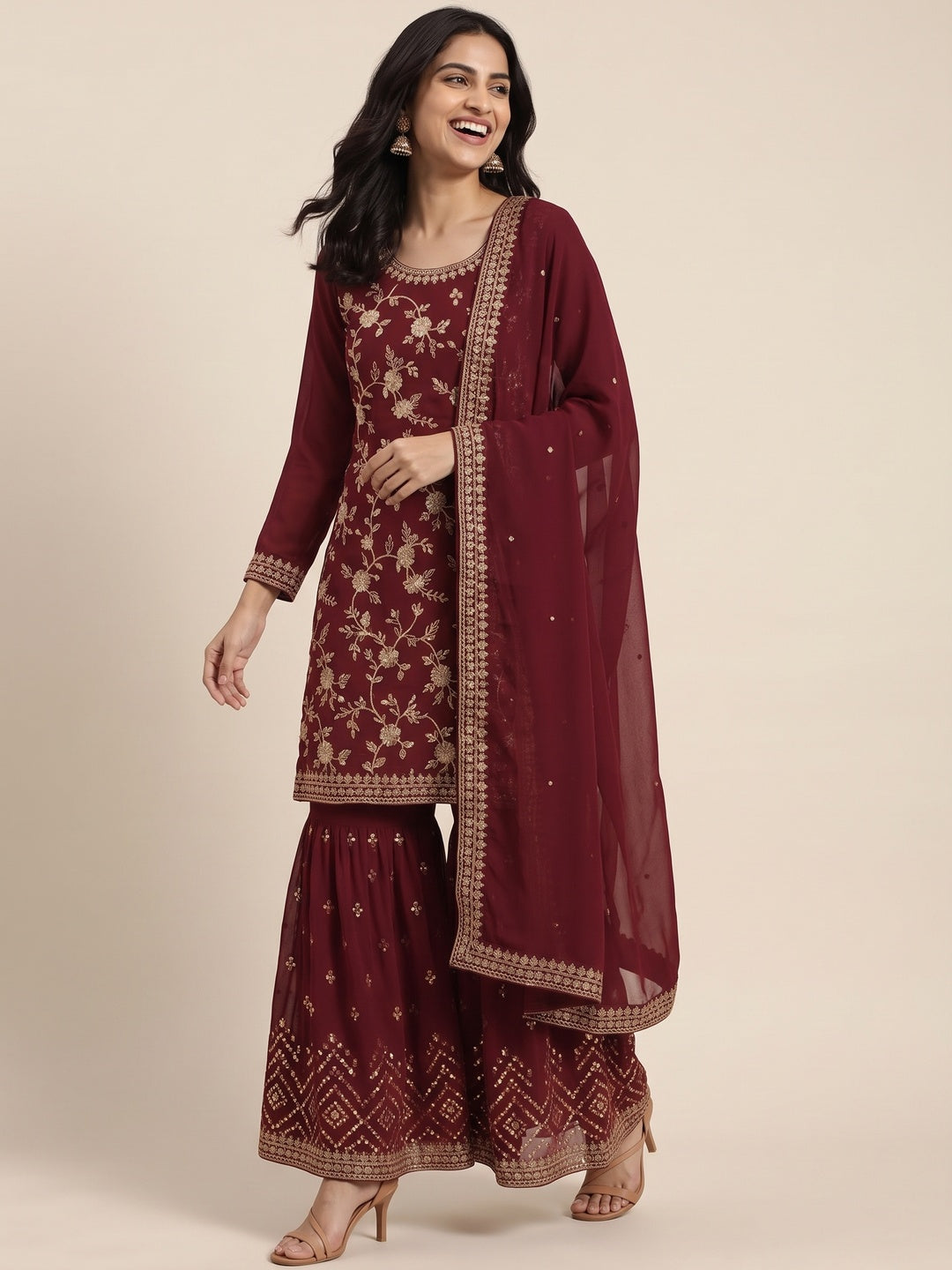 Maroon Floral Embroidered Georgette Semi Stitched Suit - Image 4