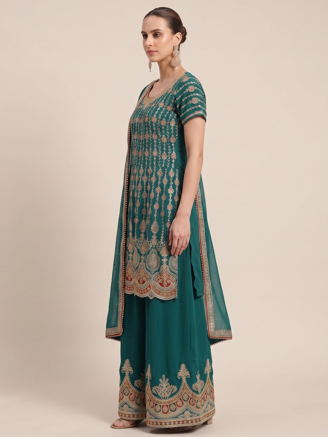 Rama Green Sequins Embroidered Georgette Semi Stitched Sharara Suit - Image 3
