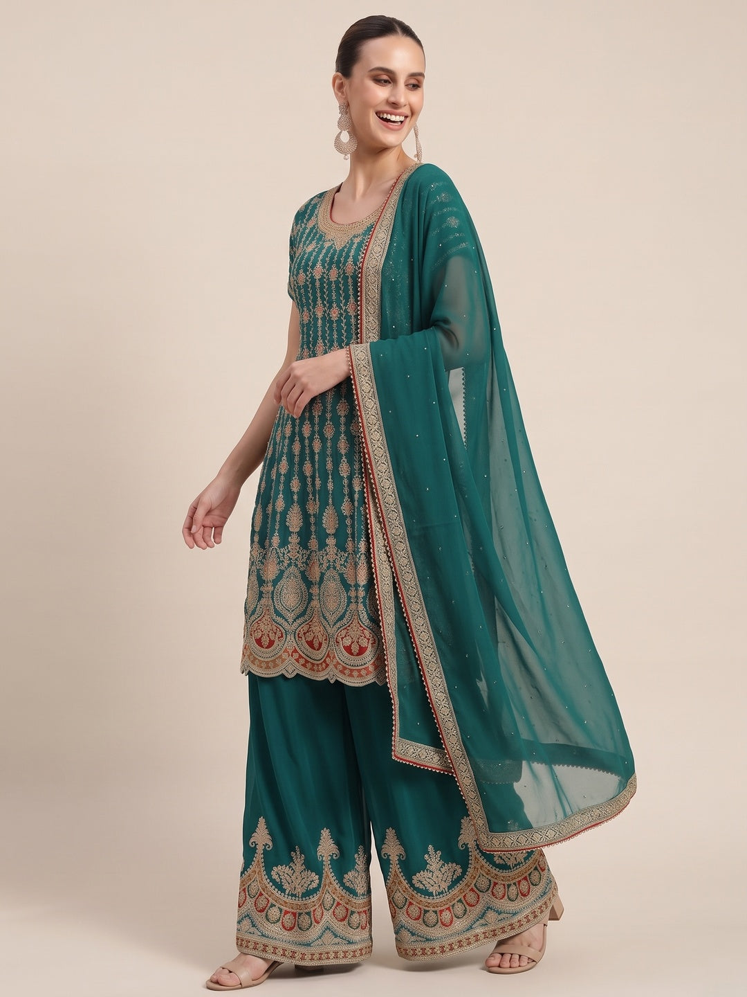 Rama Green Sequins Embroidered Georgette Semi Stitched Sharara Suit - Image 4