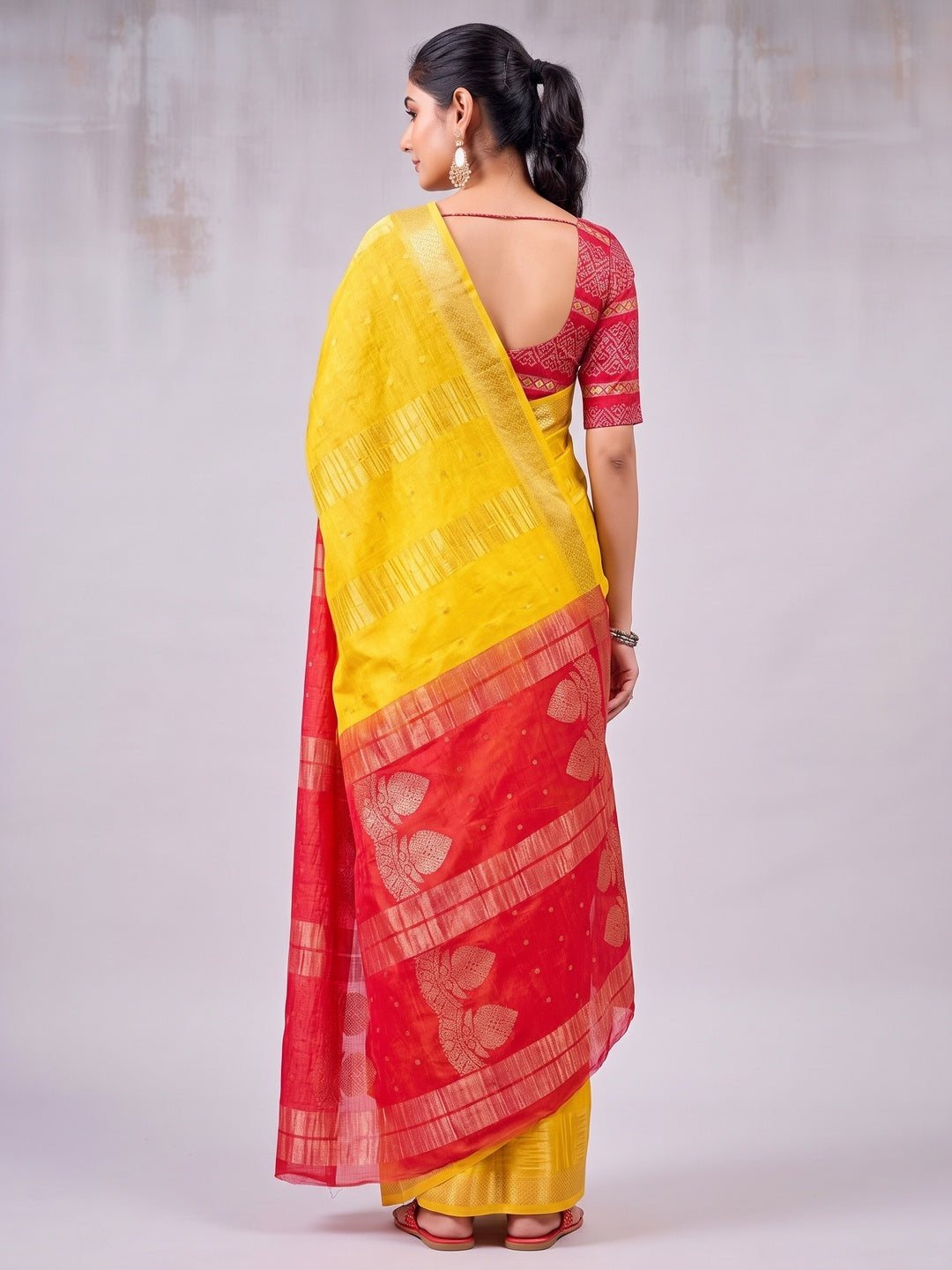 Classic Yellow And Red Floral Weaving Jacquard Chinon Half & Half Saree With Timeless Charm - Image 2