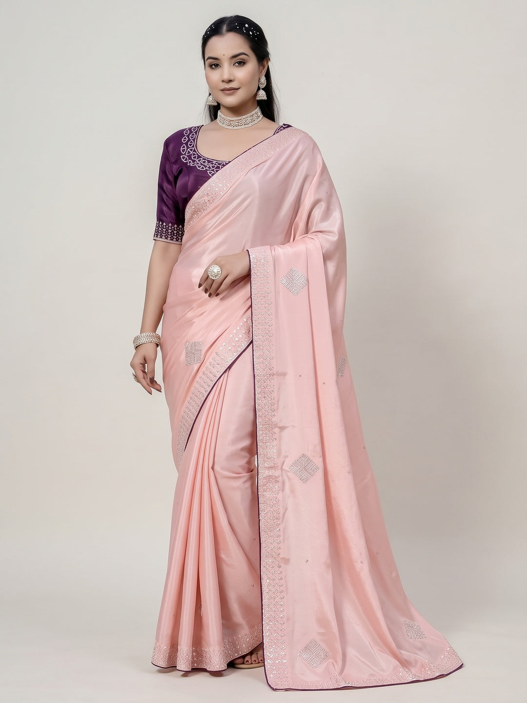 Pink Chinon Saree Adorned With Scattered Buttas & Intricate Beads & Zarkan Handwork - Image 1