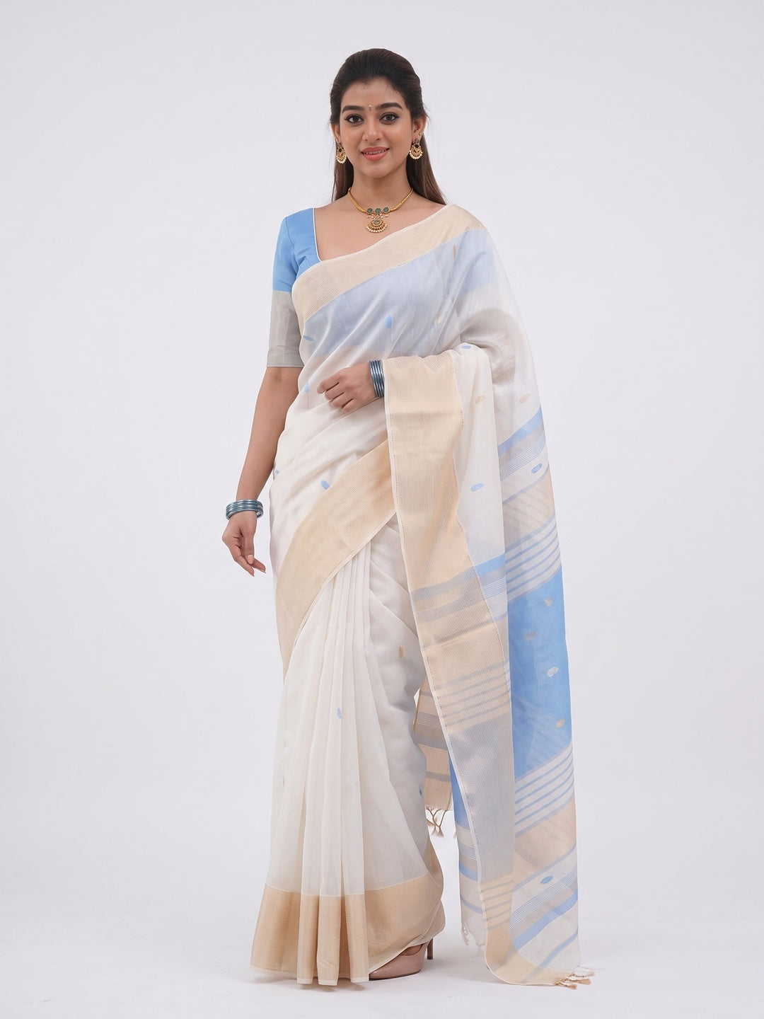White and Blue Zari-Woven Linen Cotton Saree Offering a Refined Festive Look - Image 5